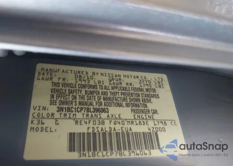 2011 Nissan Versa 1.8S z USA, uszkodzony, nr VIN 3N1BC1CP7BL396063